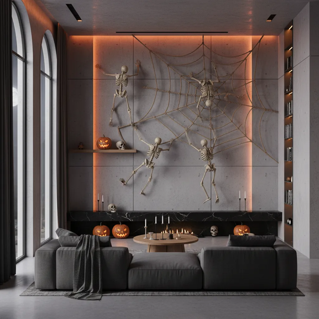 creative DIY skeleton wall scene with skeletons climbing and Halloween lighting