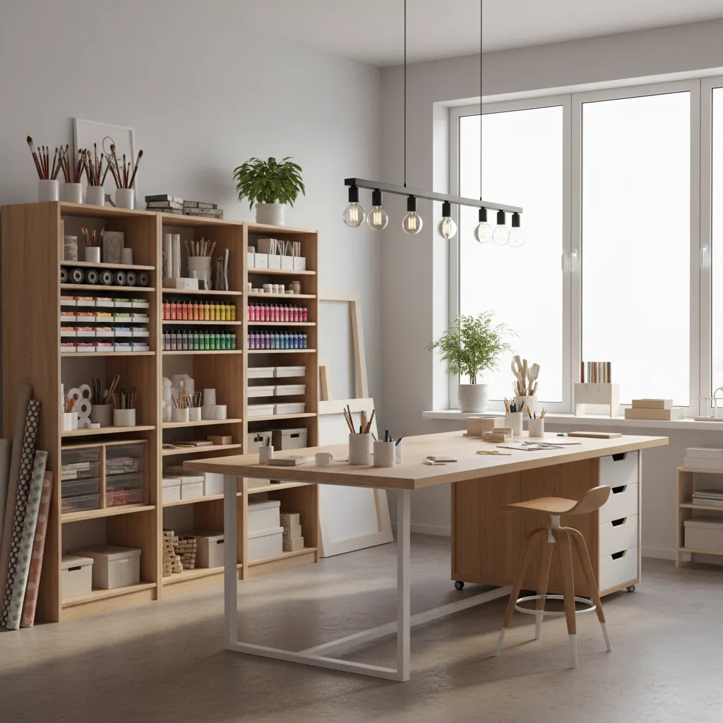 Bright hobby studio with art desk, storage shelves, and task lighting