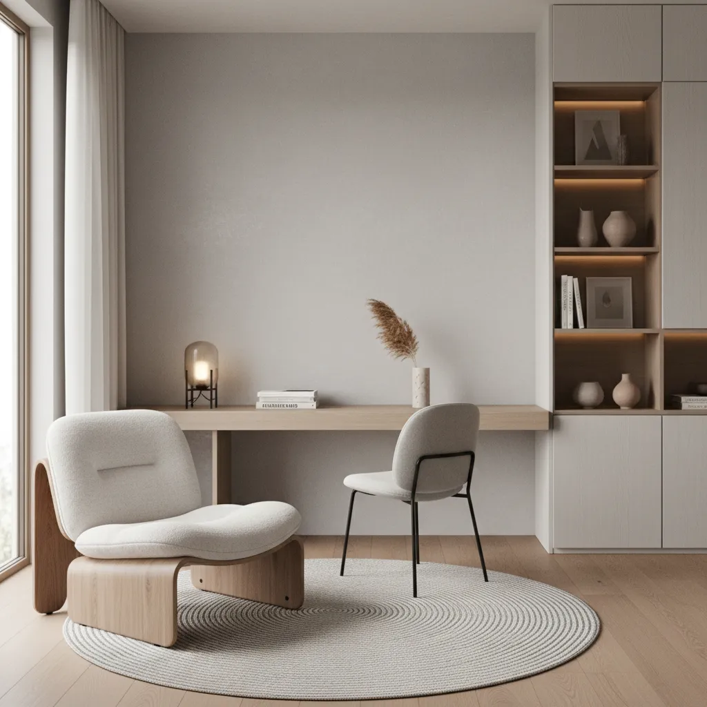 Stylish creative chair in a modern home office with sculptural design and decorative materials