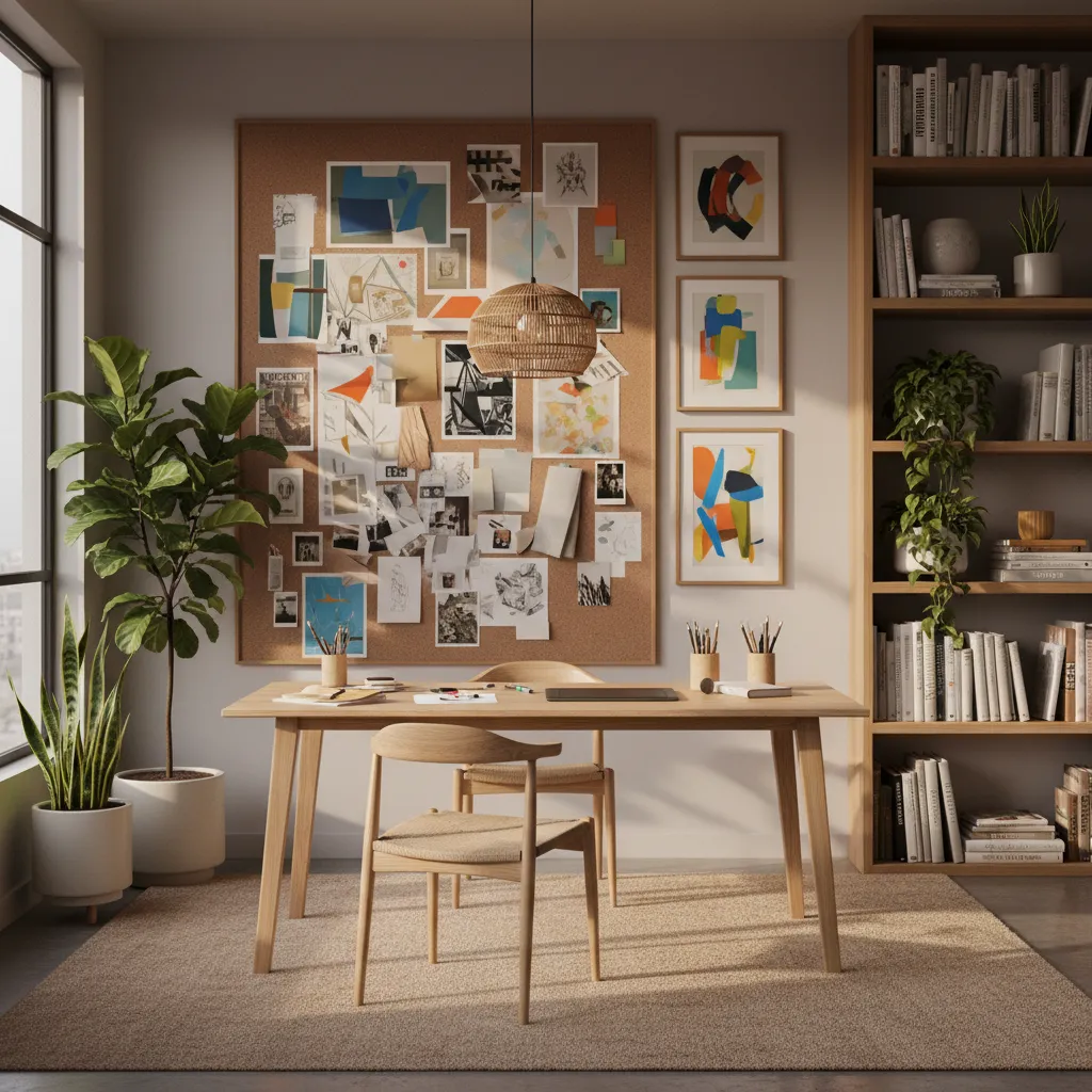 creative home office with inspiration board art prints shelves and colorful decor
