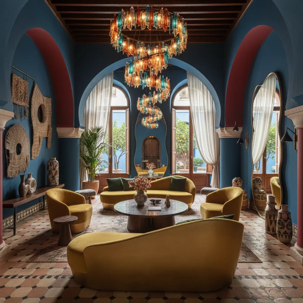 Interior creativo de hotel con colores intensos y diseño artístico