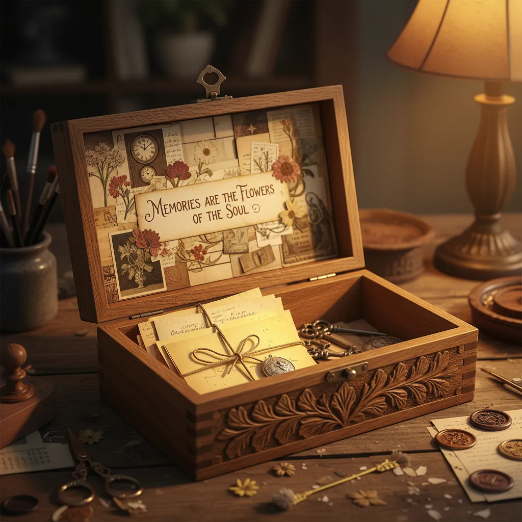 Caja de madera abierta mostrando una tapa interior decorada con collage y frase