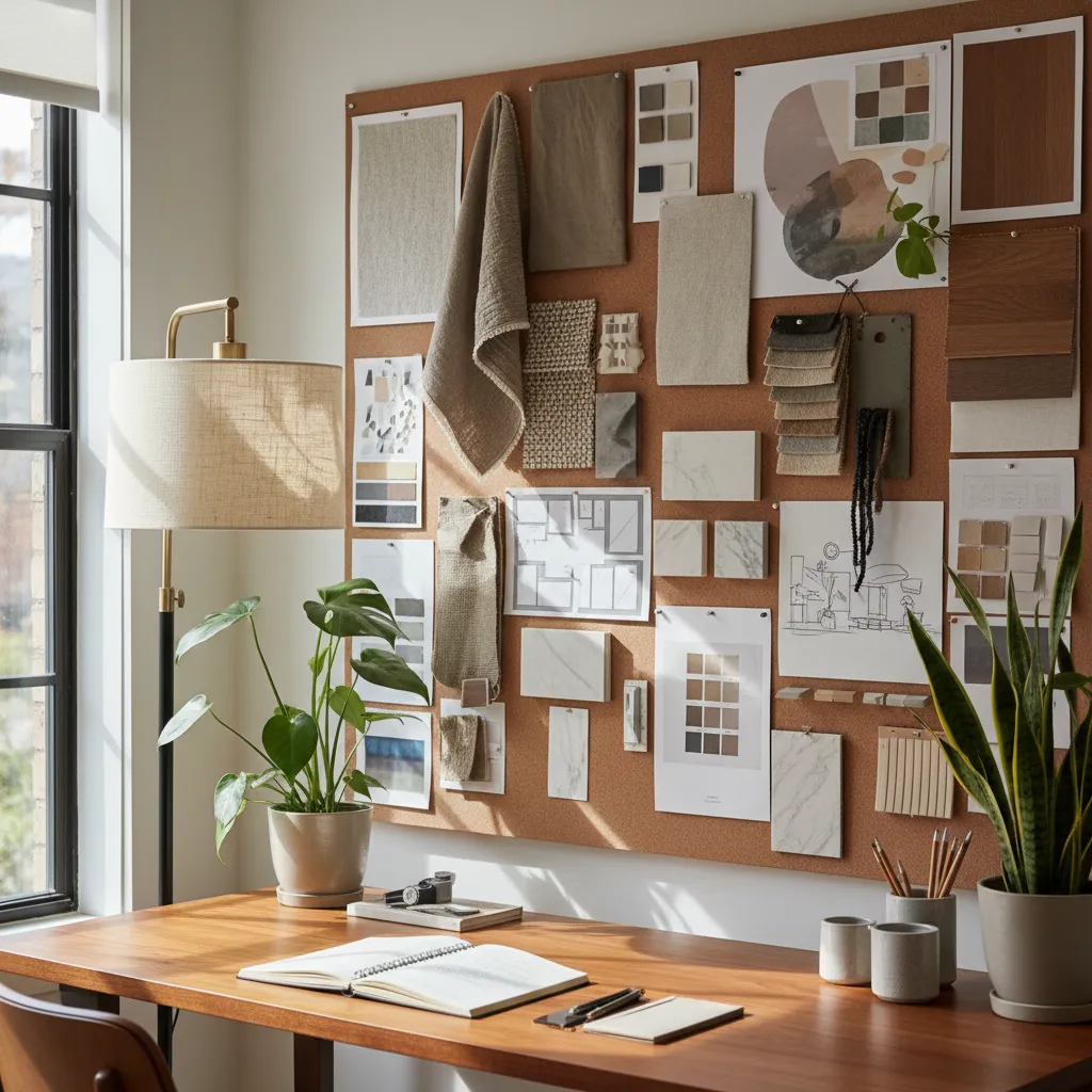 Mood board with fabric samples and sketches hanging above wooden desk with plant and lamp