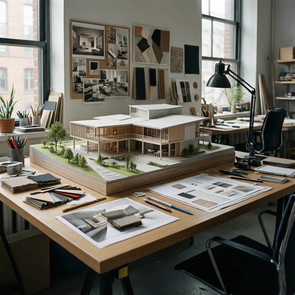 Espacio creativo de escuela de diseño con maquetas y paneles de inspiración