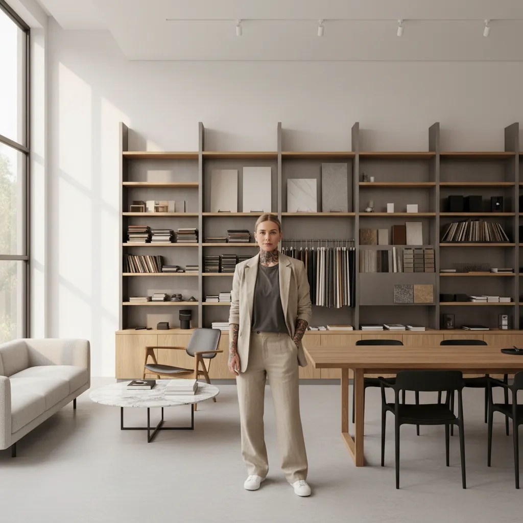 Creative interior designer with tattoos working in stylish modern studio