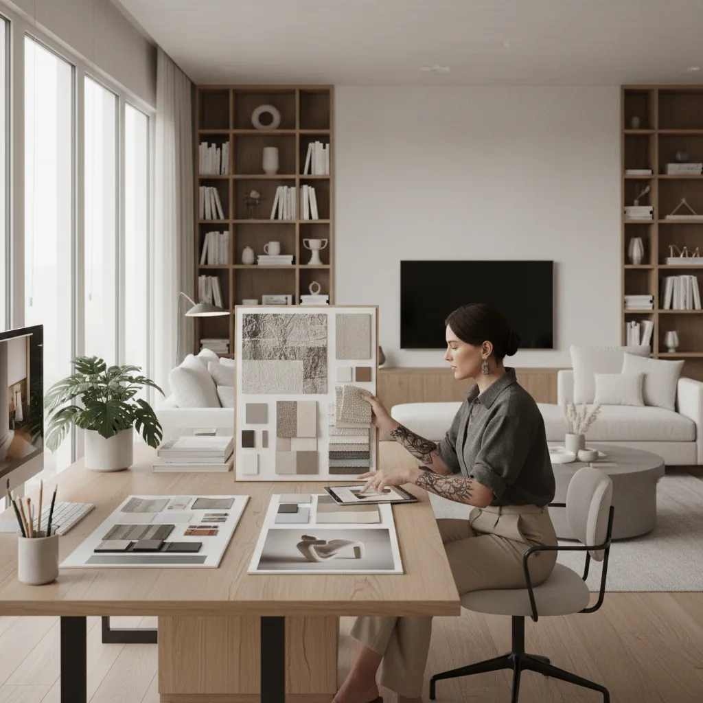 Creative interior designer with tattoos reviewing mood boards in a stylish studio workspace