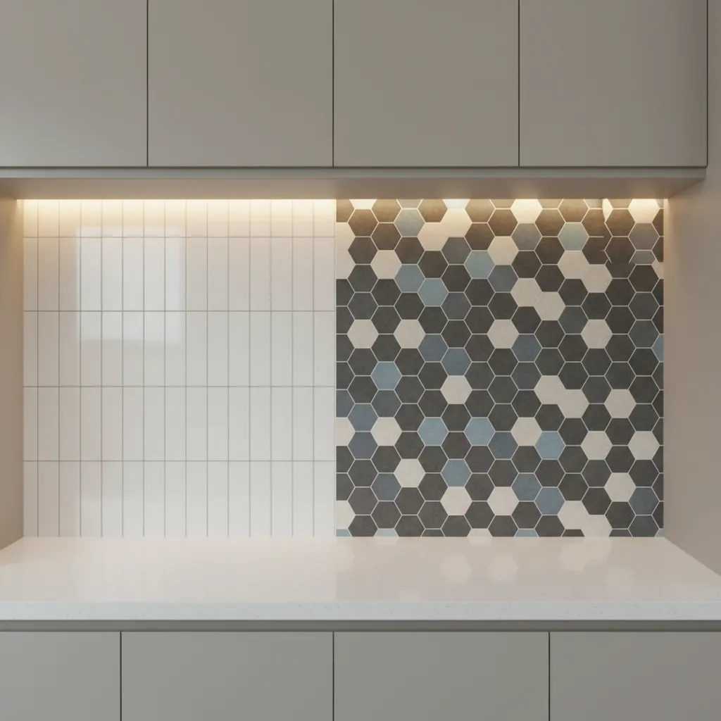 creative backsplash tile layouts above kitchen countertop