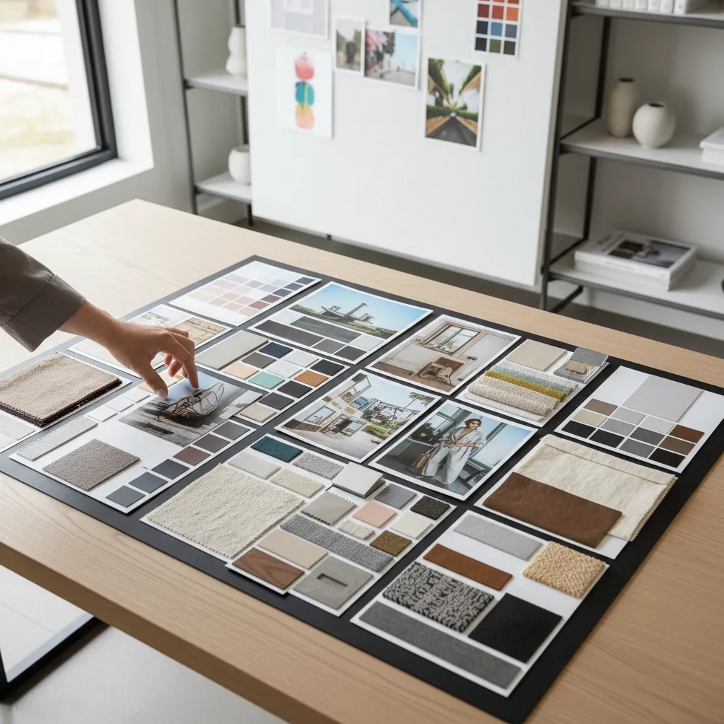designer assembling a mood board with photos color swatches and material samples