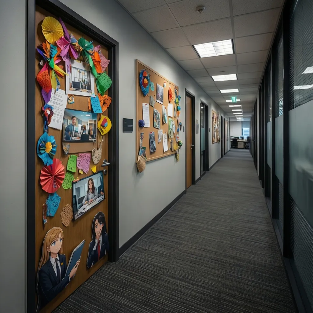 creative office door decoration with colorful paper designs in workplace hallway