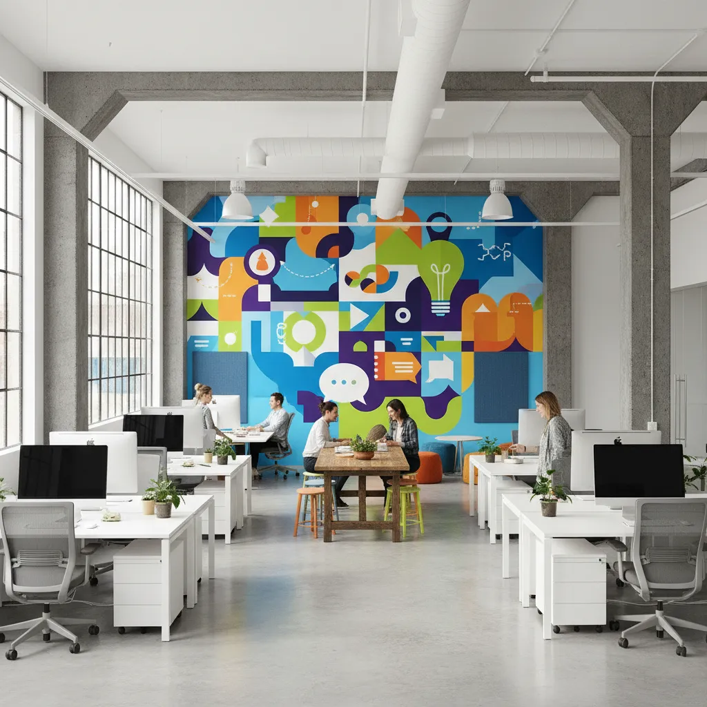 Oficina creativa con gráficos decorativos en la pared