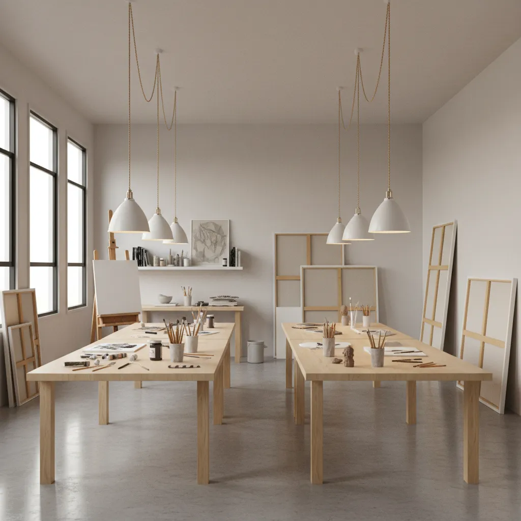 Art studio workspace illuminated by adjustable plug-in ceiling lighting