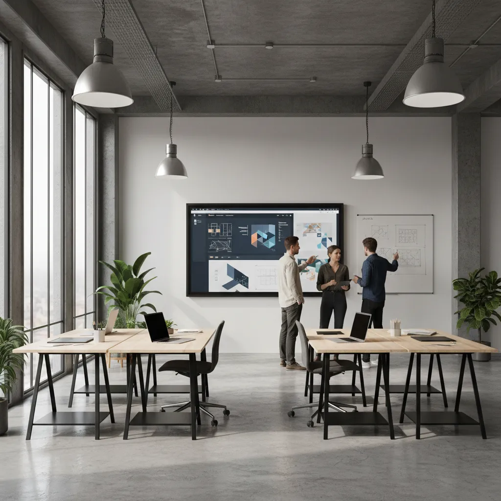 creative design studio with wall-mounted screens used for collaborative project review