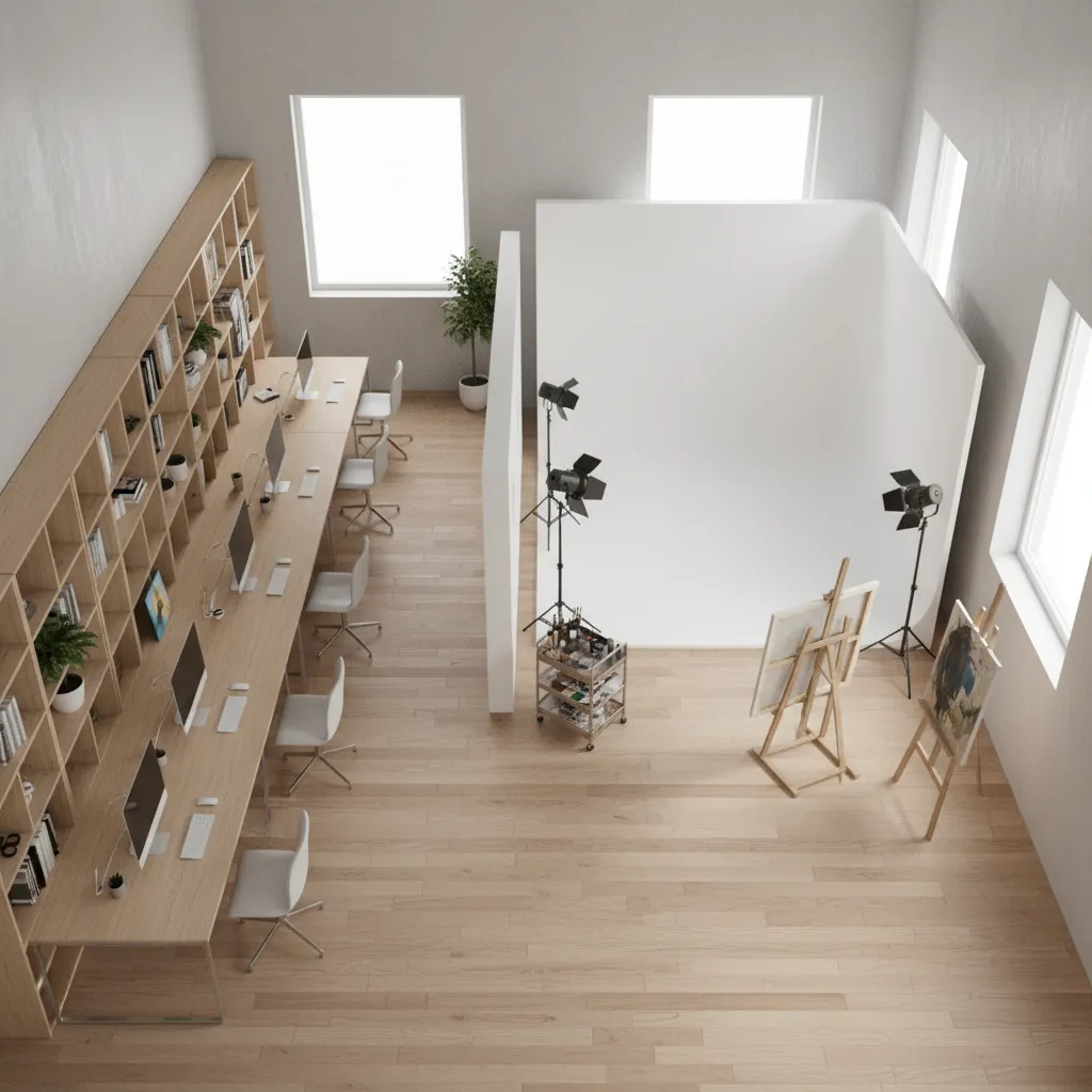 creative studio interior divided into workstation storage and production zones