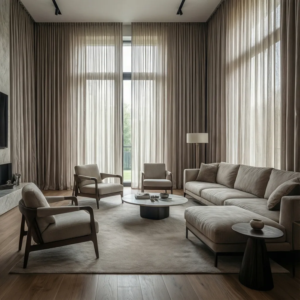 Cortinas largas de crepé de seda en un salón moderno