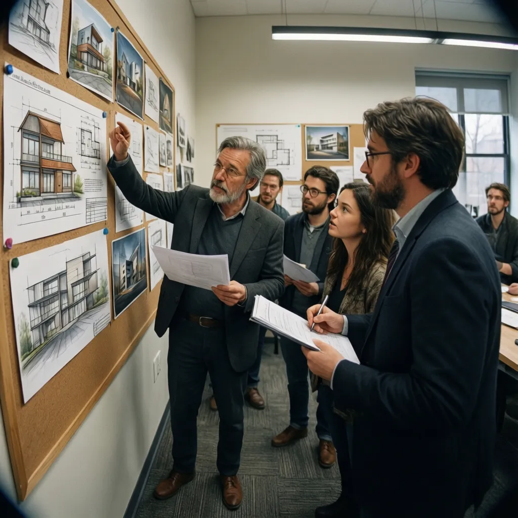 Profesor revisando un proyecto arquitectónico con estudiantes