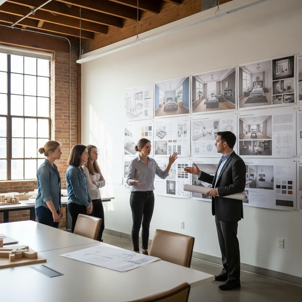 Profesores y estudiantes revisando paneles de proyecto de interiorismo en una crítica académica