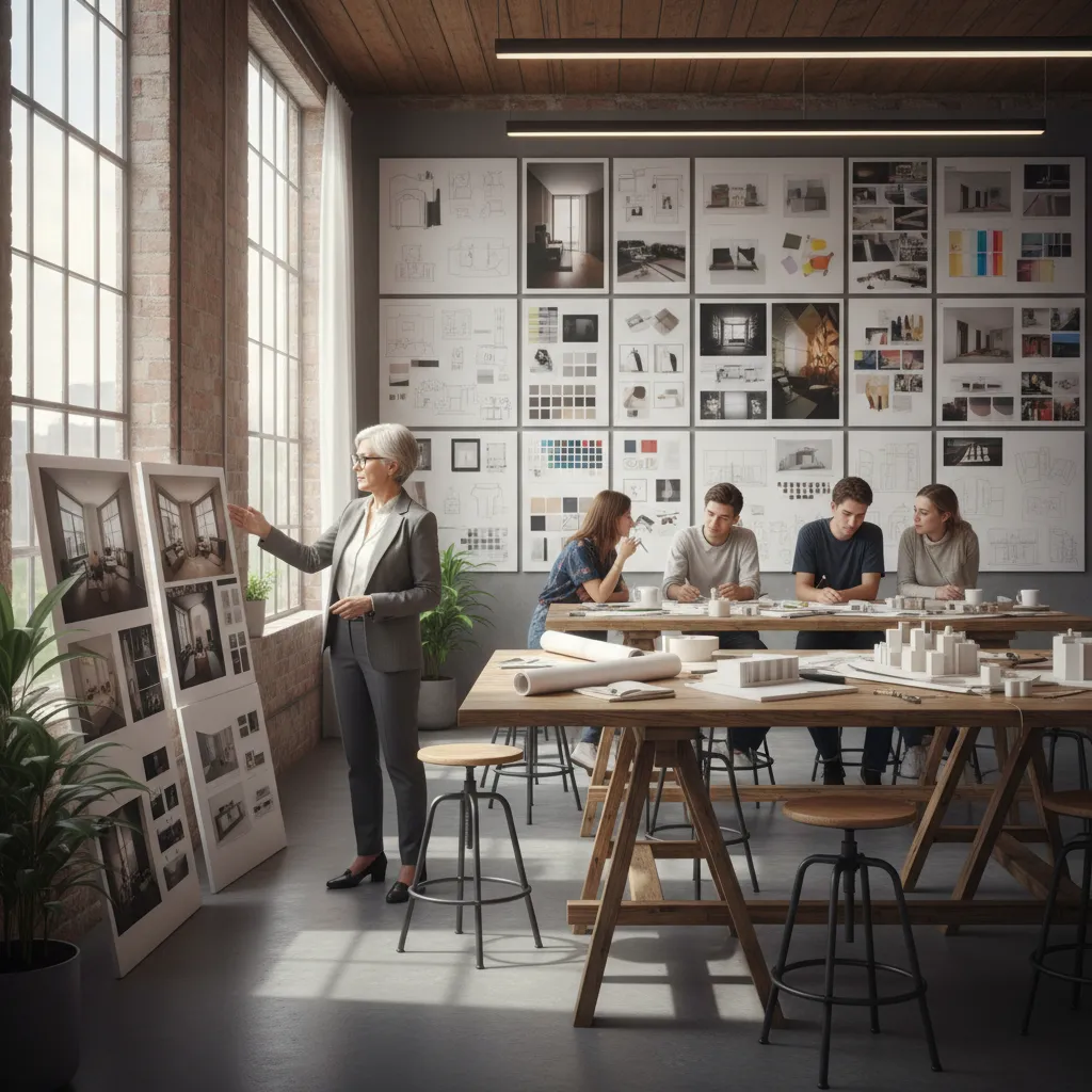 Profesor revisando paneles de proyecto de diseño interior con estudiantes