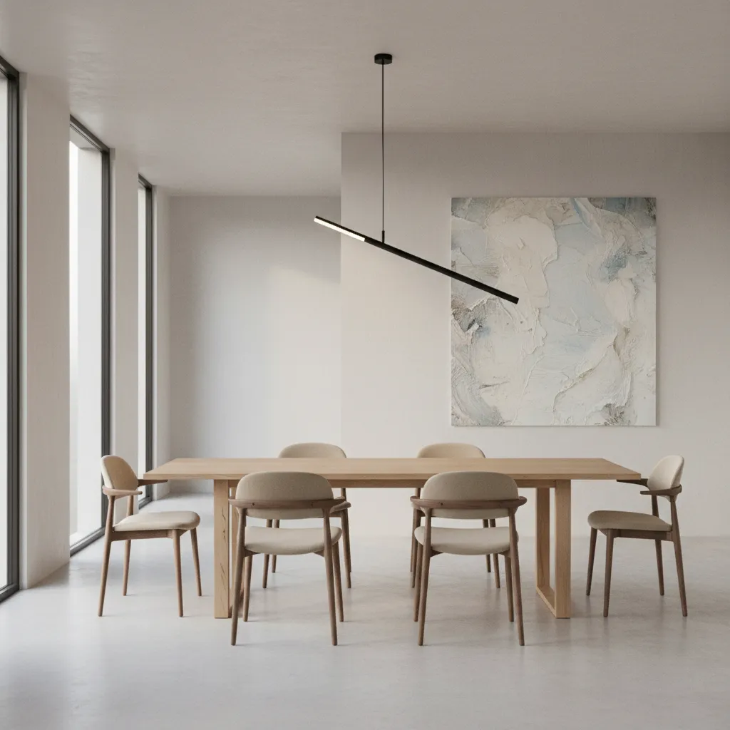 crooked pendant light hanging unevenly above a dining table