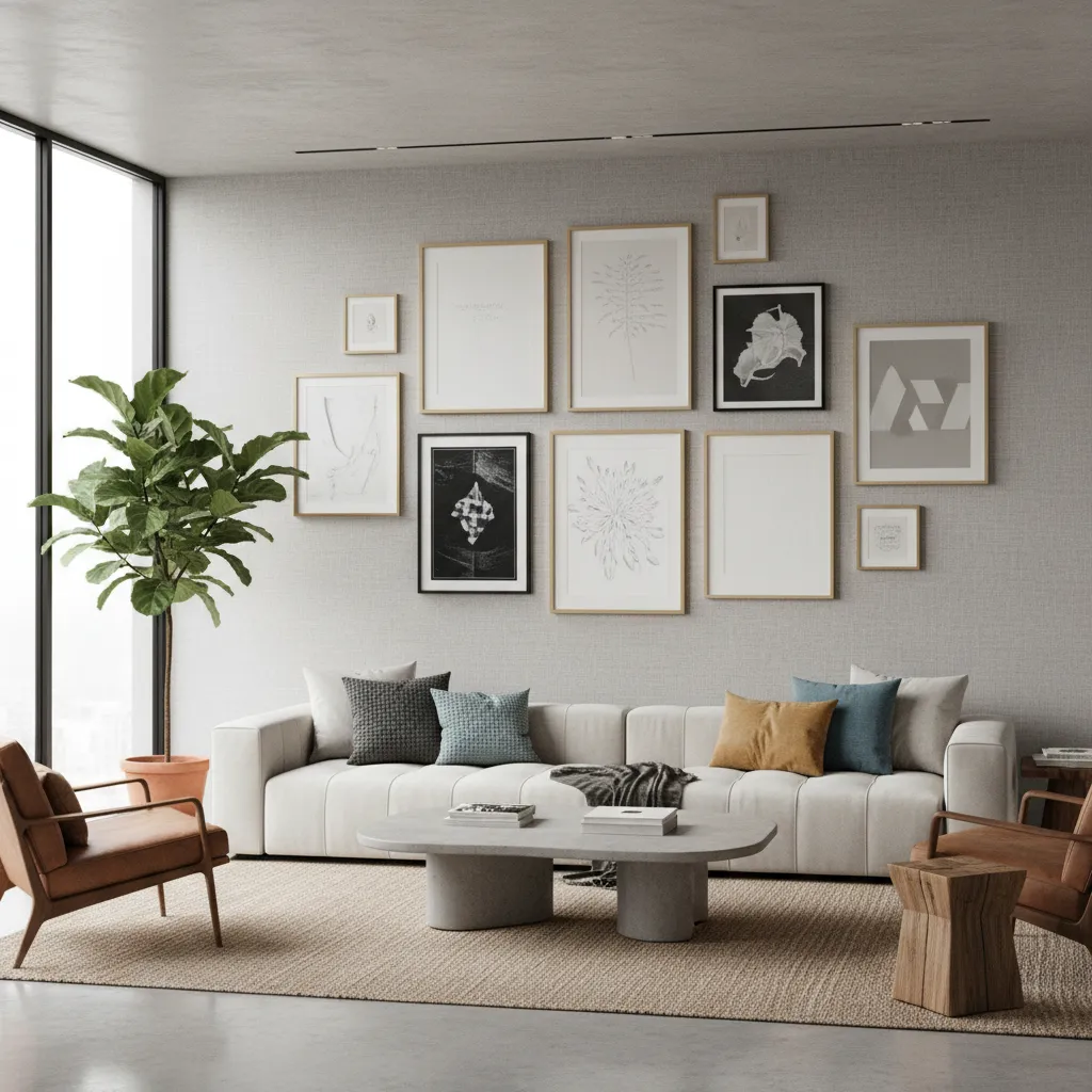 Gallery wall showing misaligned frames that appear crooked