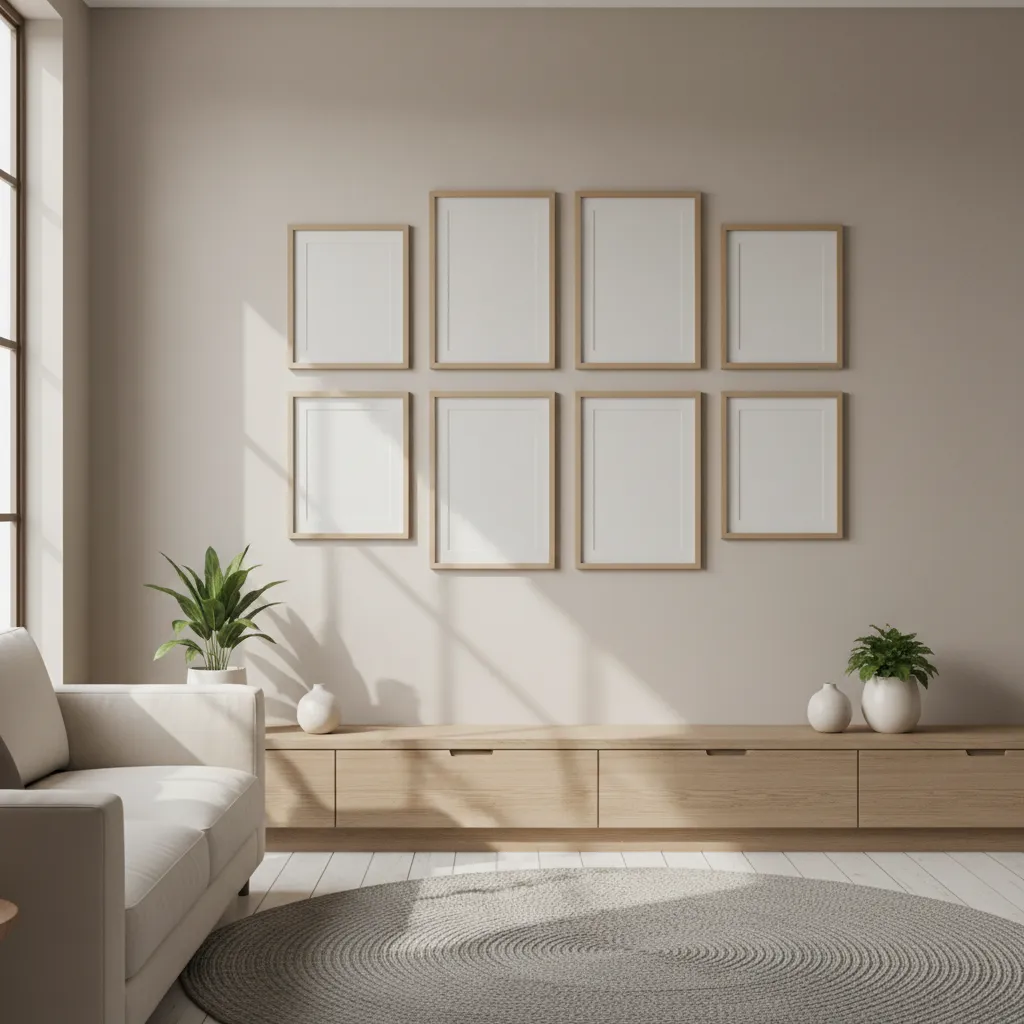 slightly crooked eight frame gallery wall showing uneven spacing