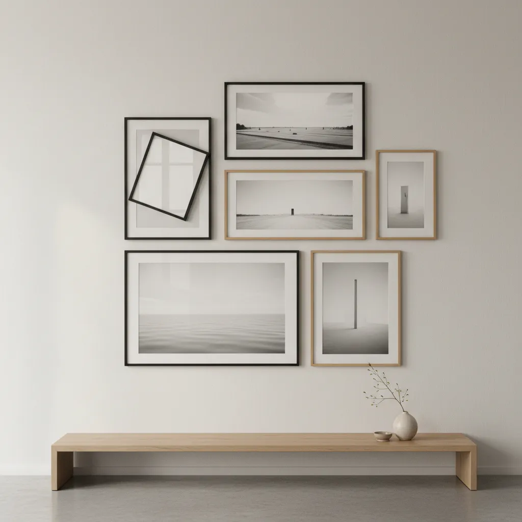 Crooked picture frame on a wall slightly tilted compared with surrounding frames