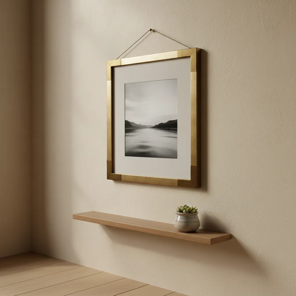 Close view of slightly crooked picture frame hanging on wall showing alignment problem