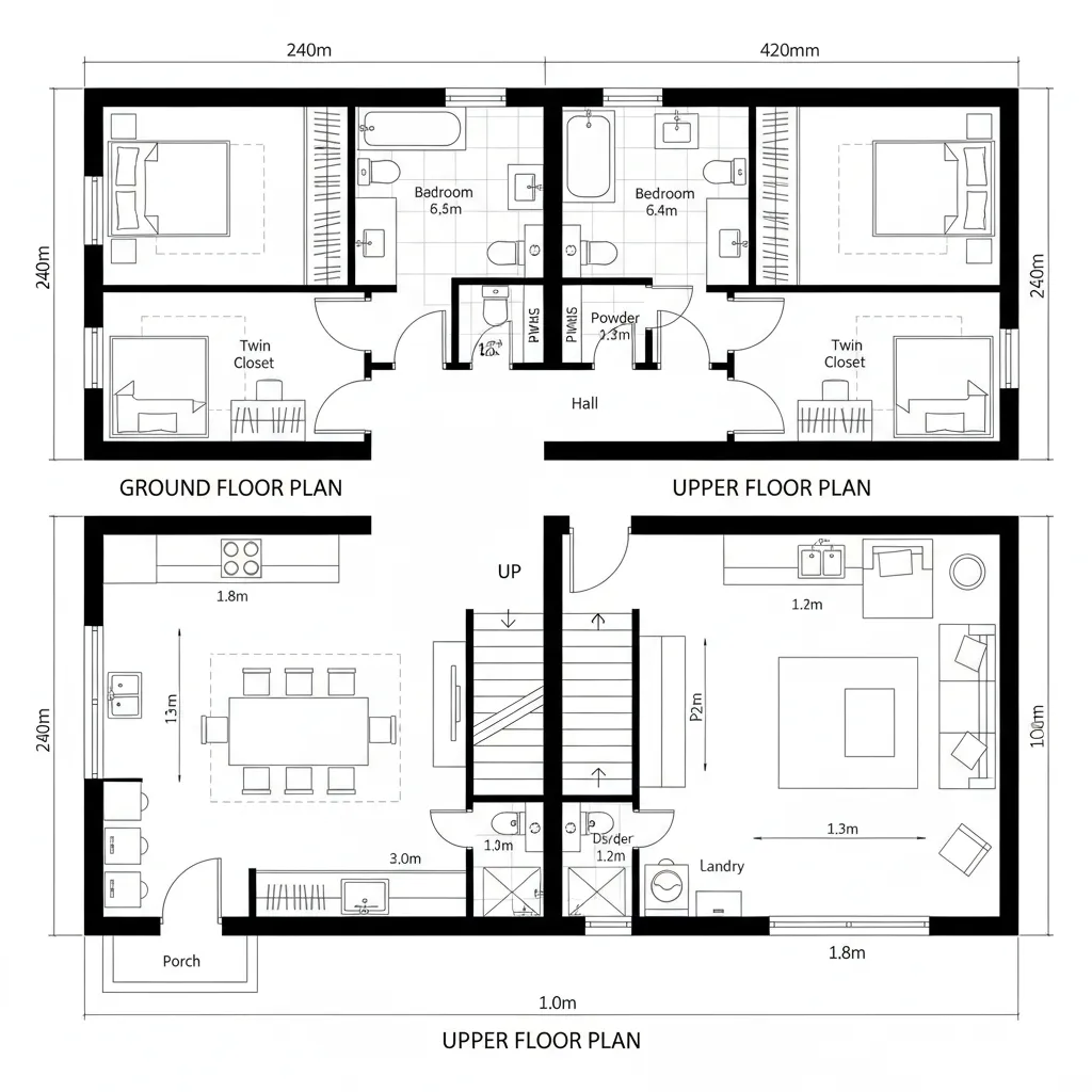 Top-down CAD plan of a 20x40 duplex with central service core and split public-private zones