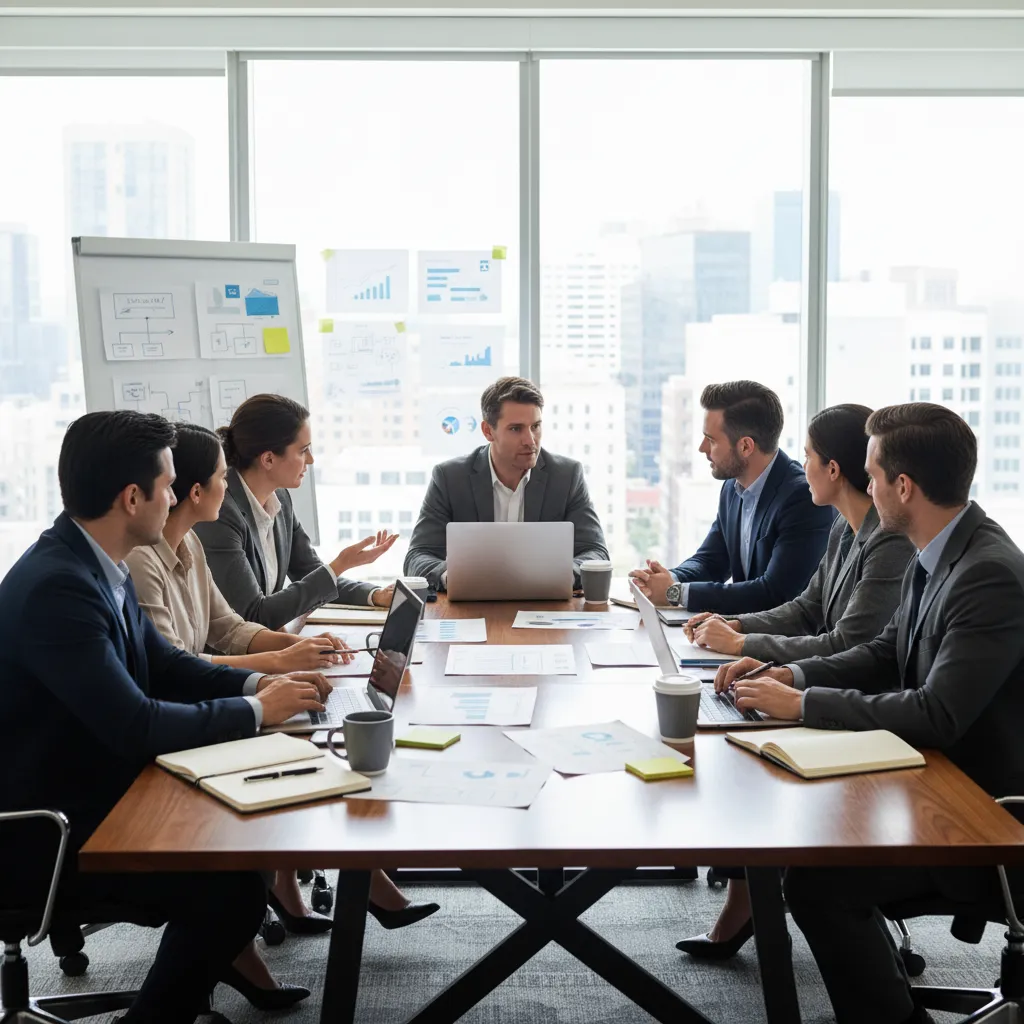 Group of professionals in suits sitting around wooden meeting table with laptops and city view