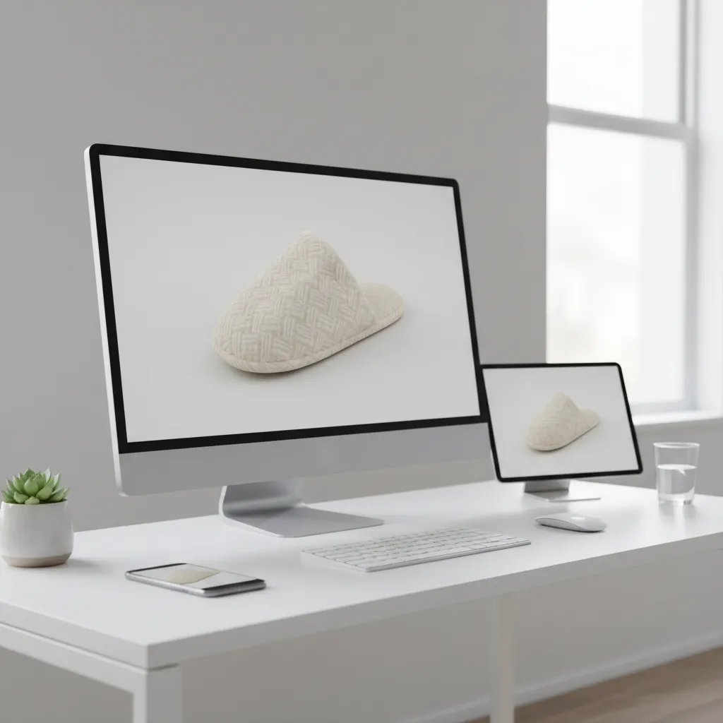 3D slipper model displayed across desktop tablet and smartphone viewers