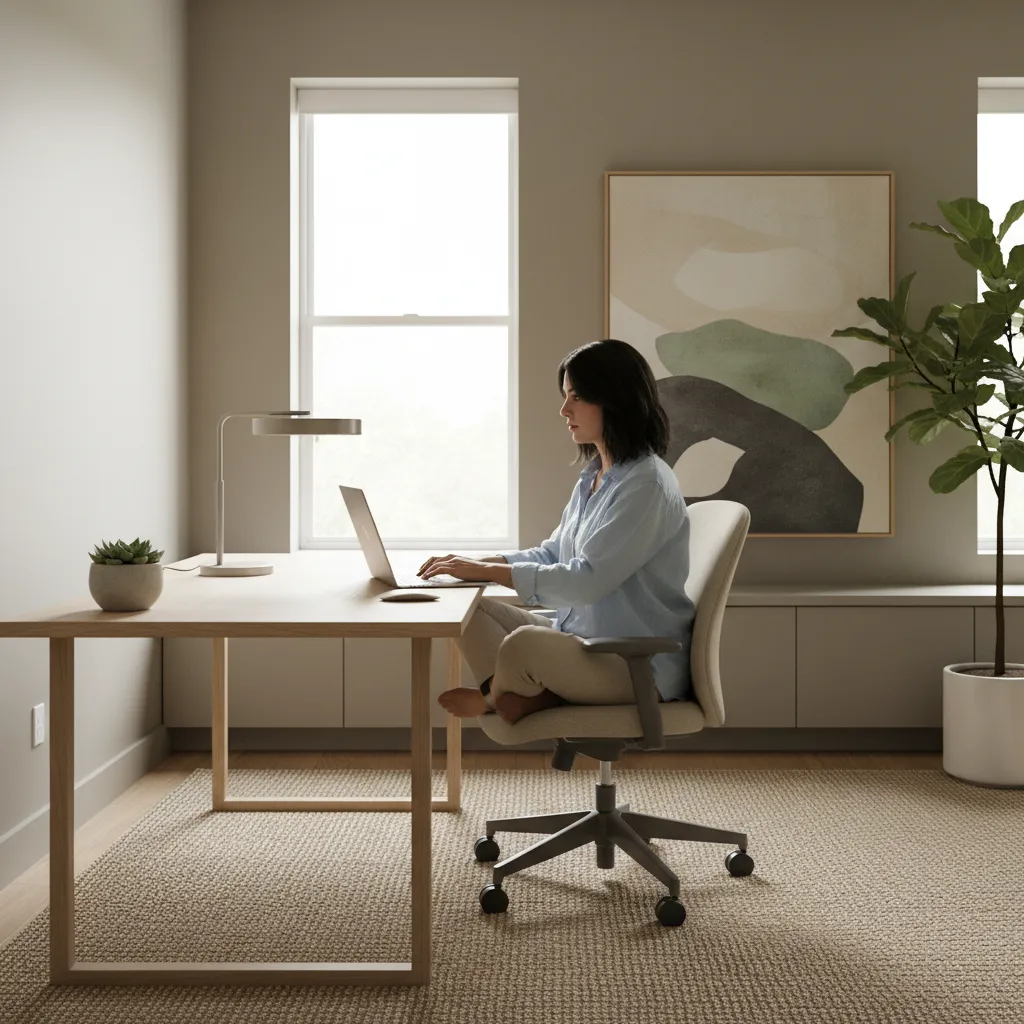 Person sitting cross legged while working at desk in home office