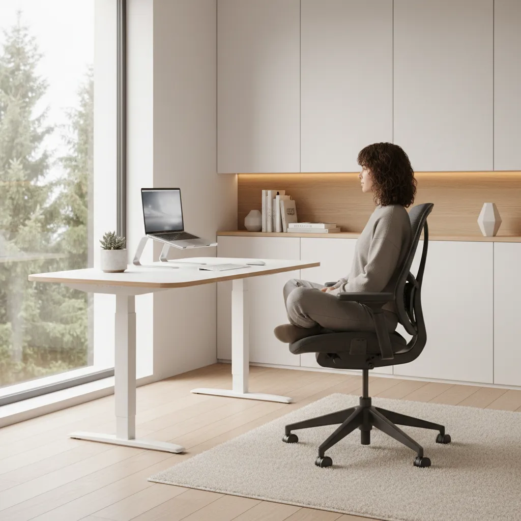 person sitting cross legged in ergonomic office chair at desk workspace