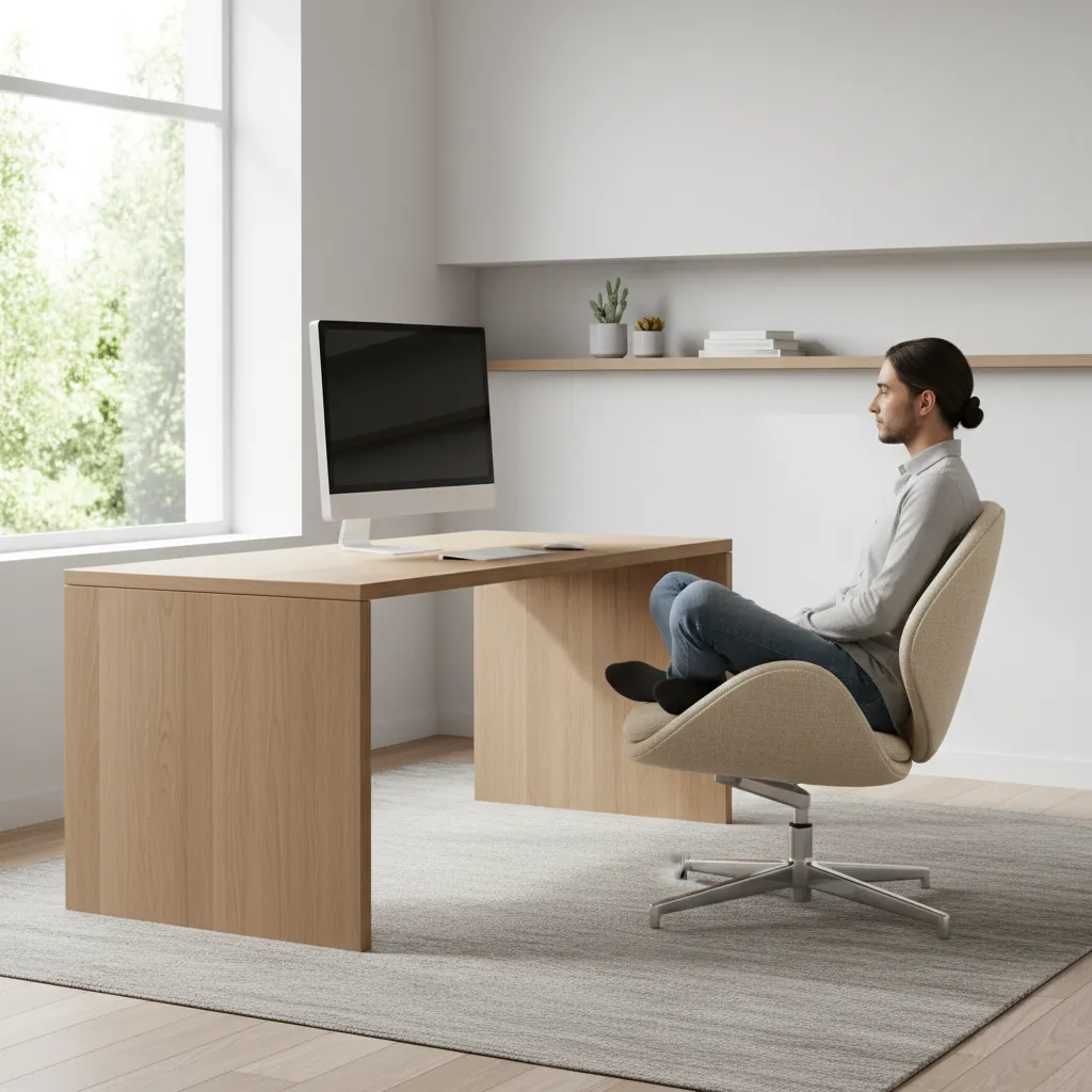 Person sitting cross legged comfortably in a wide seat office chair