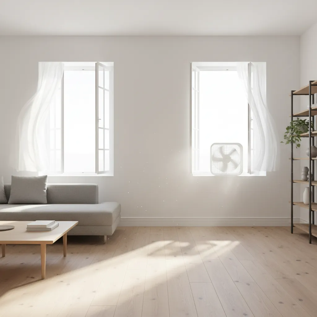 room with cross ventilation setup using windows and fans after painting