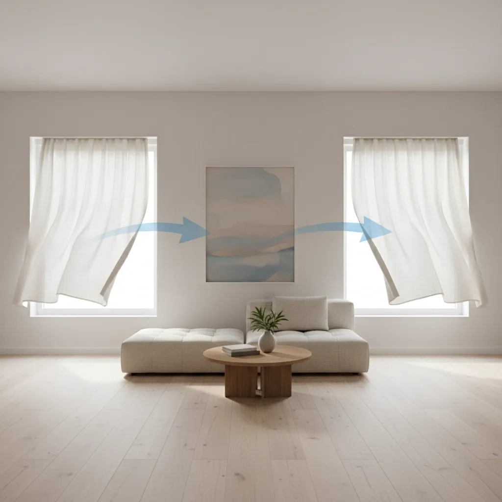 Cross ventilation airflow moving through a room with two open windows