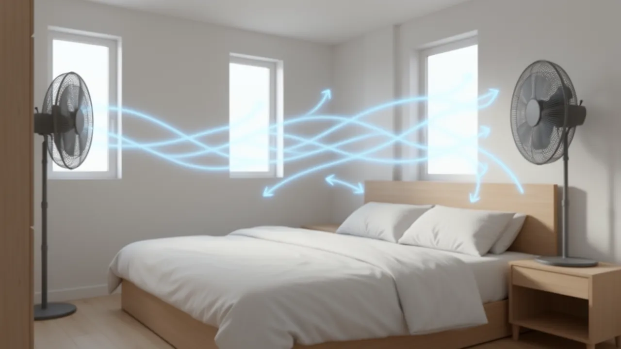 Diagram style interior showing cross ventilation with two fans in a small room