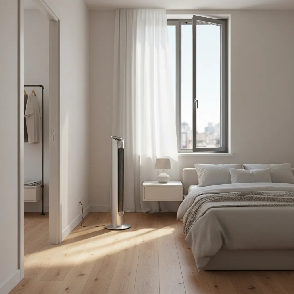 fan placed near window exhausting hot air from small room