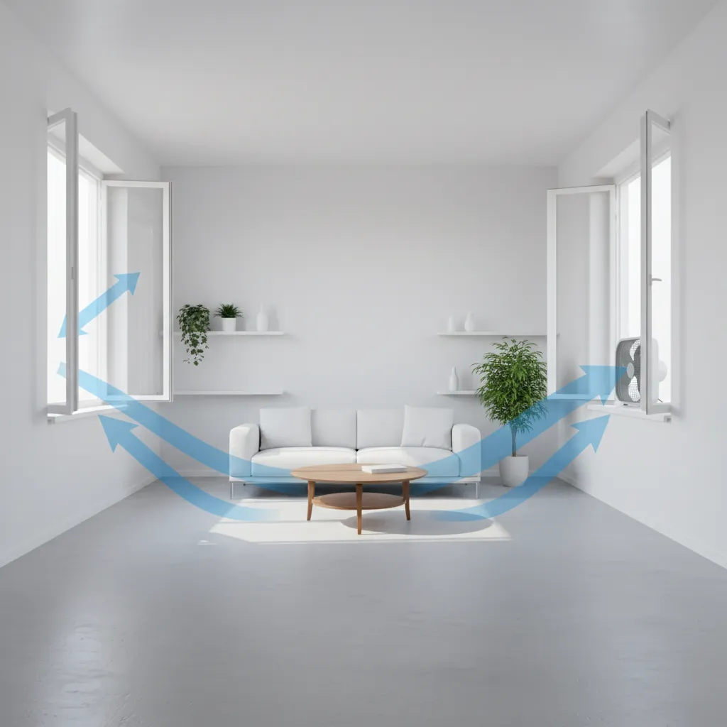 Cross ventilation airflow setup helping painted floor dry faster