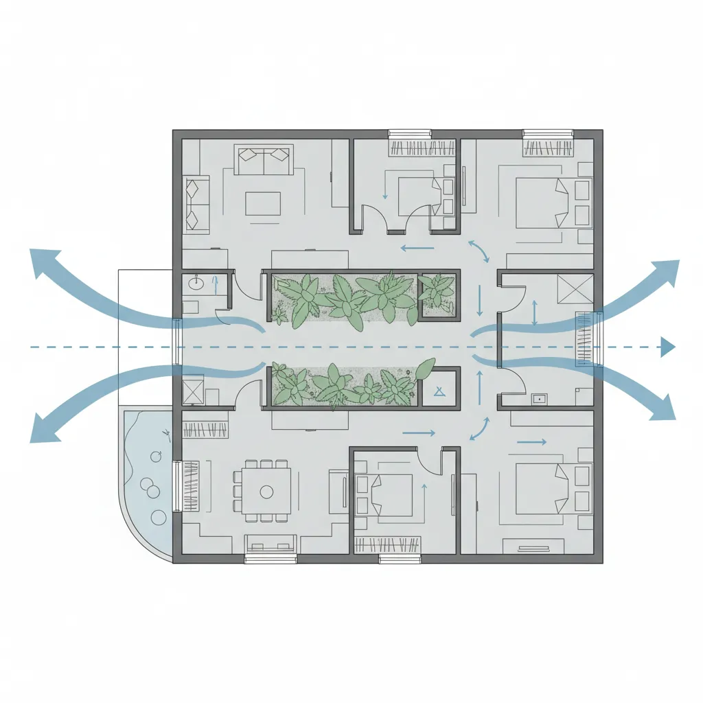 Floor plan diagram illustrating cross ventilation airflow through a tropical home