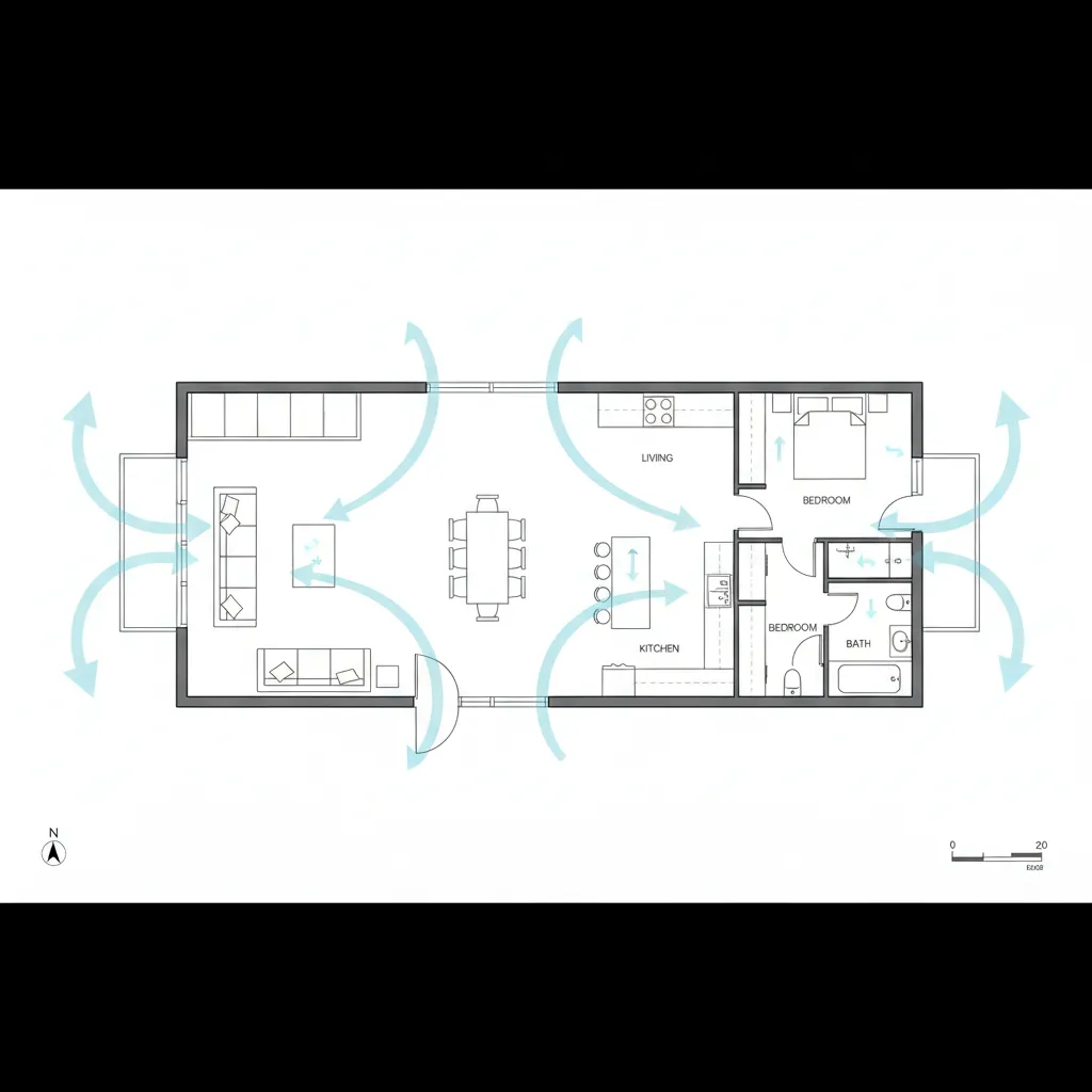 tropical house floor plan showing cross ventilation airflow design