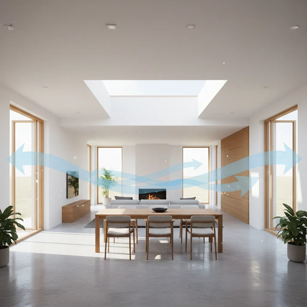 Modern living room with dining table and blue arrows showing natural air flow through windows