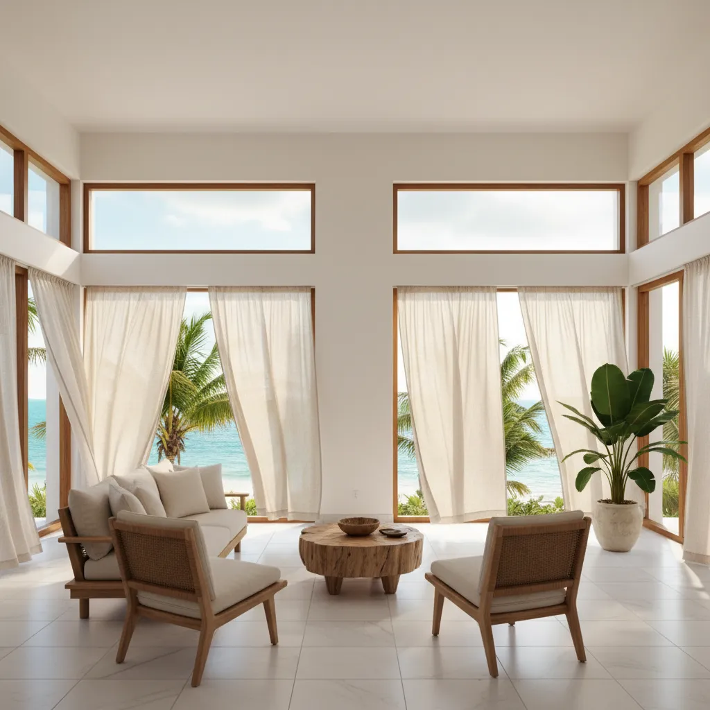 Bright minimalist living room with ocean view, white curtains, wood coffee table, and beige chairs