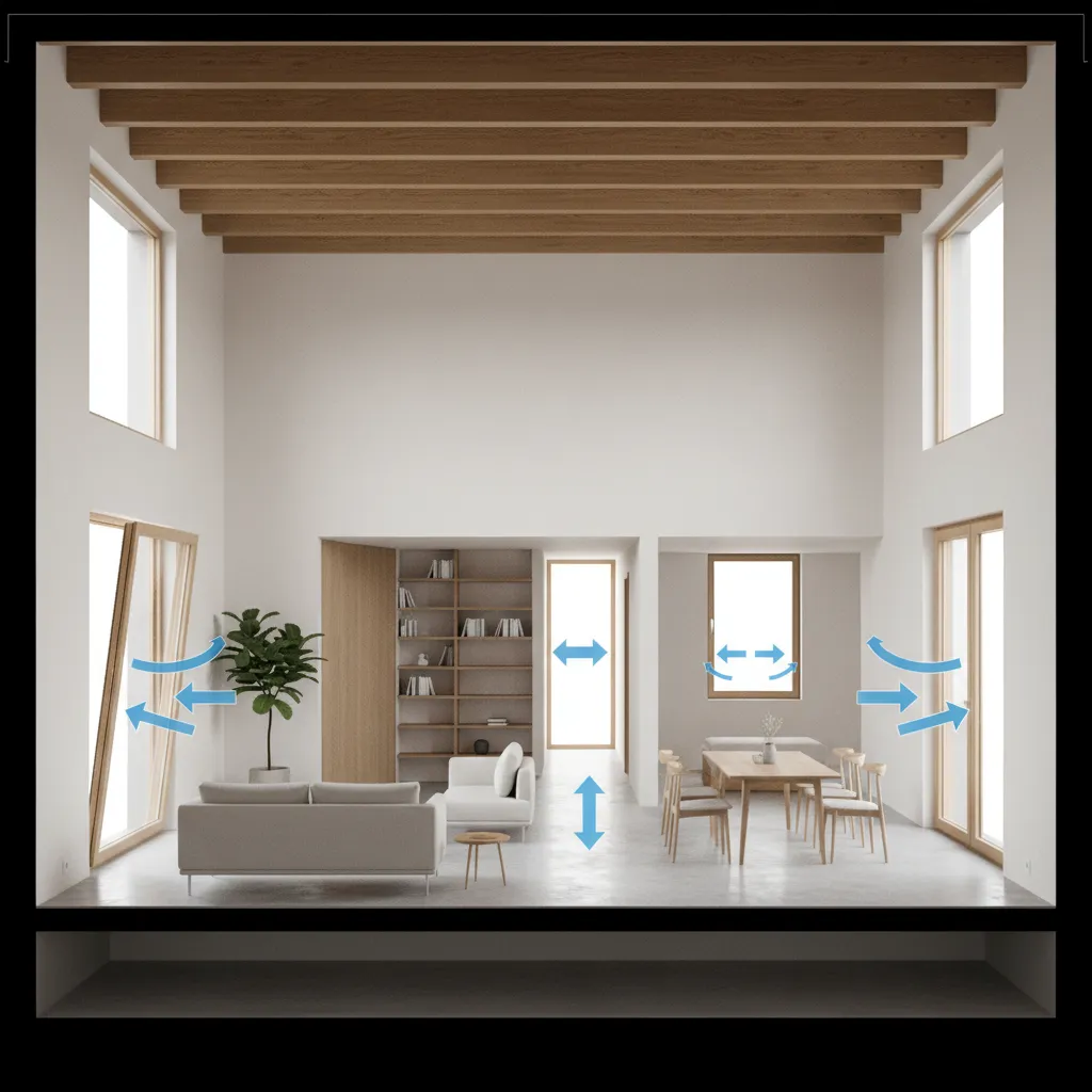 Interior design drawing showing air flow through open windows and doors in modern living space