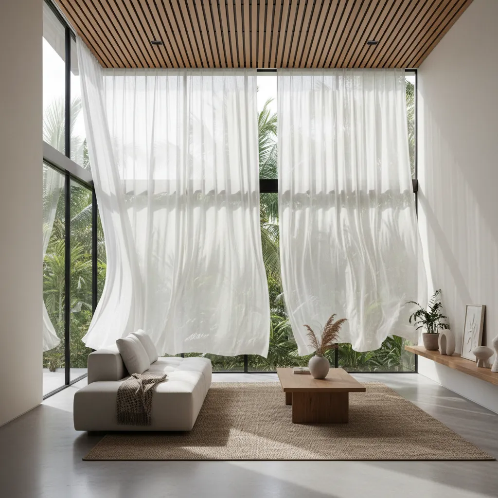 Interior de casa con grandes ventanas opuestas para ventilación natural