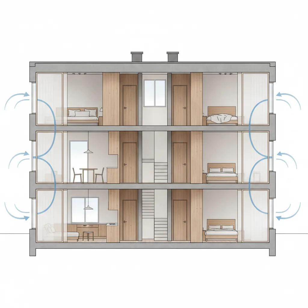 House elevation showing cross ventilation window placement on opposite walls