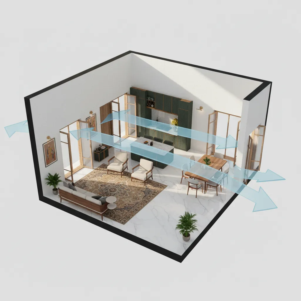 Indian house floor plan designed for cross ventilation with open windows