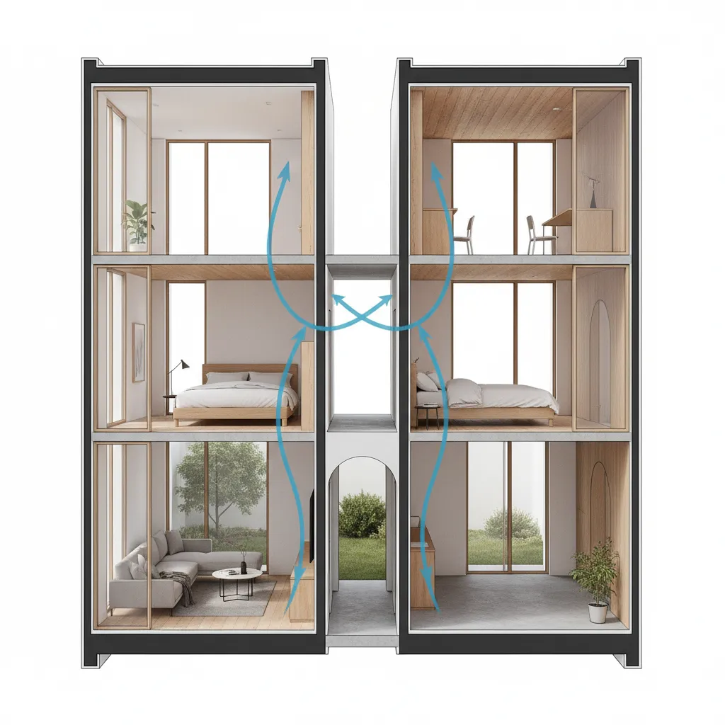 illustration of cross ventilation airflow through narrow house interior