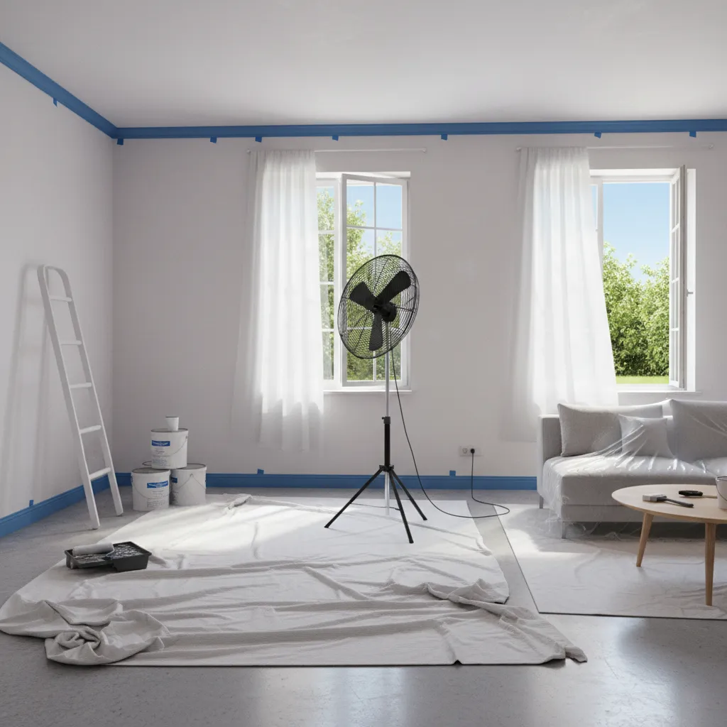 Room with cross ventilation setup during painting with fan and open windows