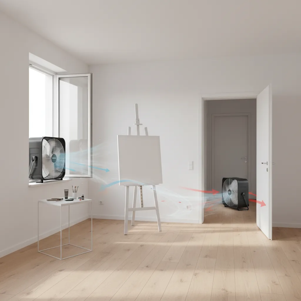Fan placed in window creating cross ventilation while painting a room