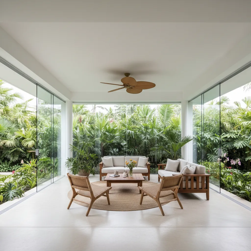 Open living room with aligned windows creating cross ventilation