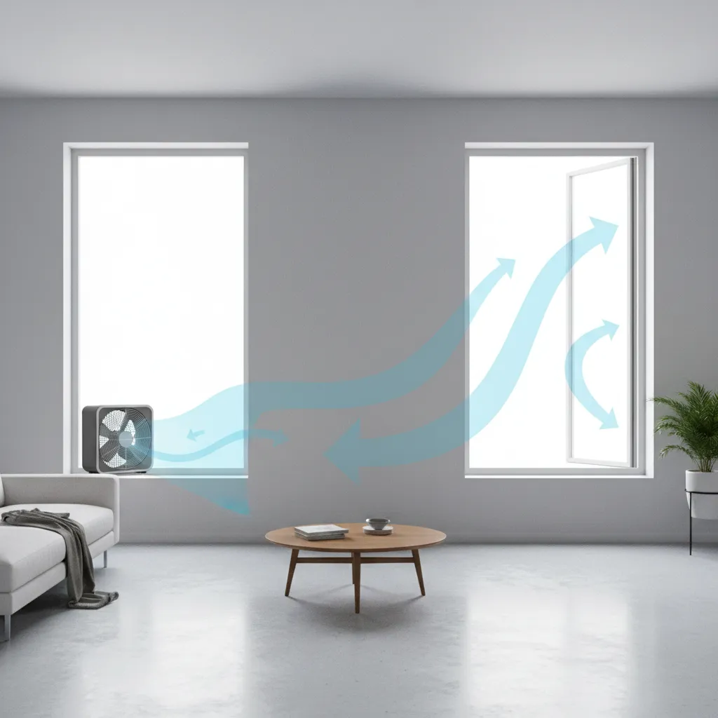 Diagram style room showing cross ventilation with window fan placement